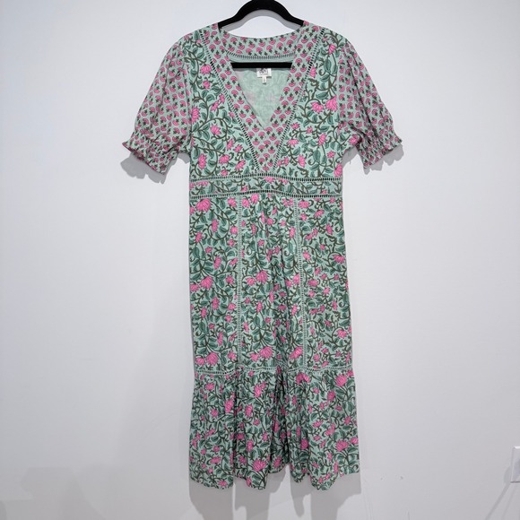 DRA Los Angeles Midi Dress Floral Print‎ Green Pink V Neck Puff Sleeve L